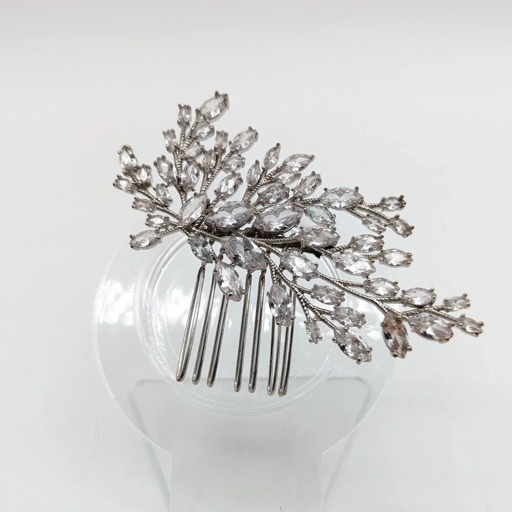 Silver Tone Marquise Rhinestone Leaf Branch Bridal Hair Comb Wedding Headpiece